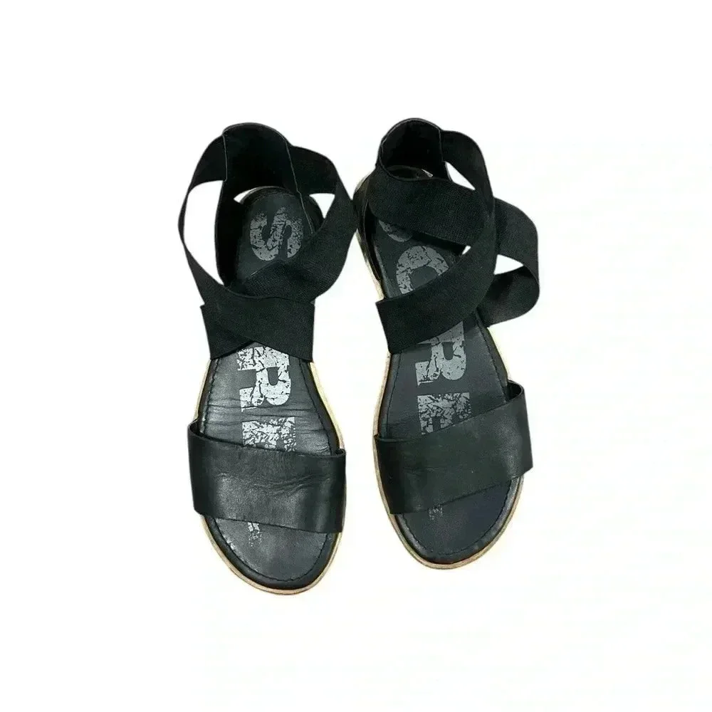 Sorel Womens Ella Sandals Gore Strap Black Flat Shoes Casual Travel Size 9